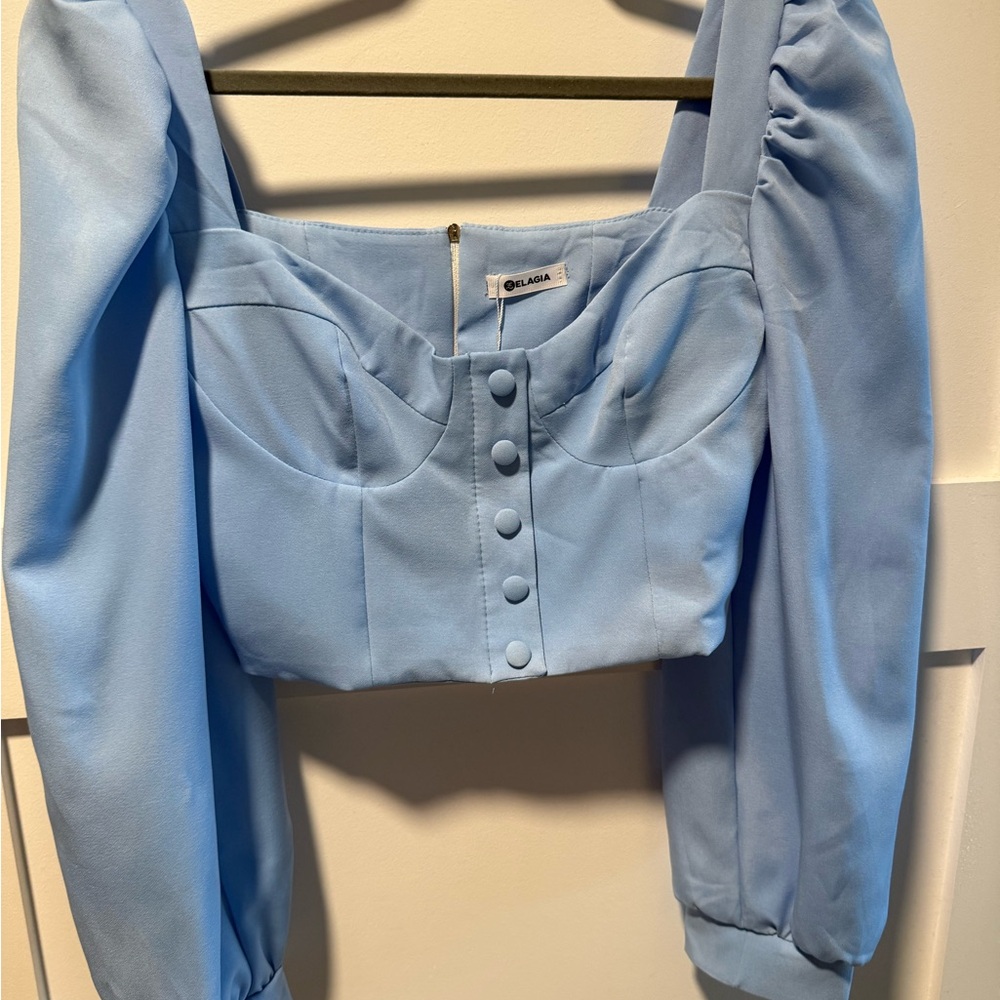 Sky-Blue Sweetheart Puff-Sleeve Blouse - Picture 2 of 4